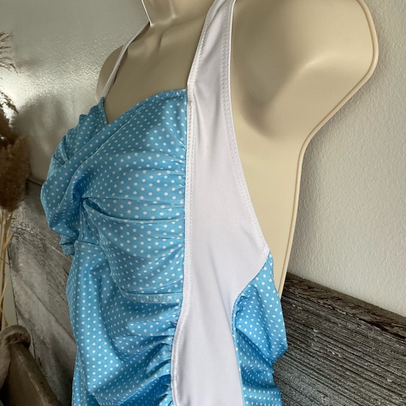 Retro-look pin-up style blue/white polka dot one pc bathing suit size XL - Picture 2 of 4